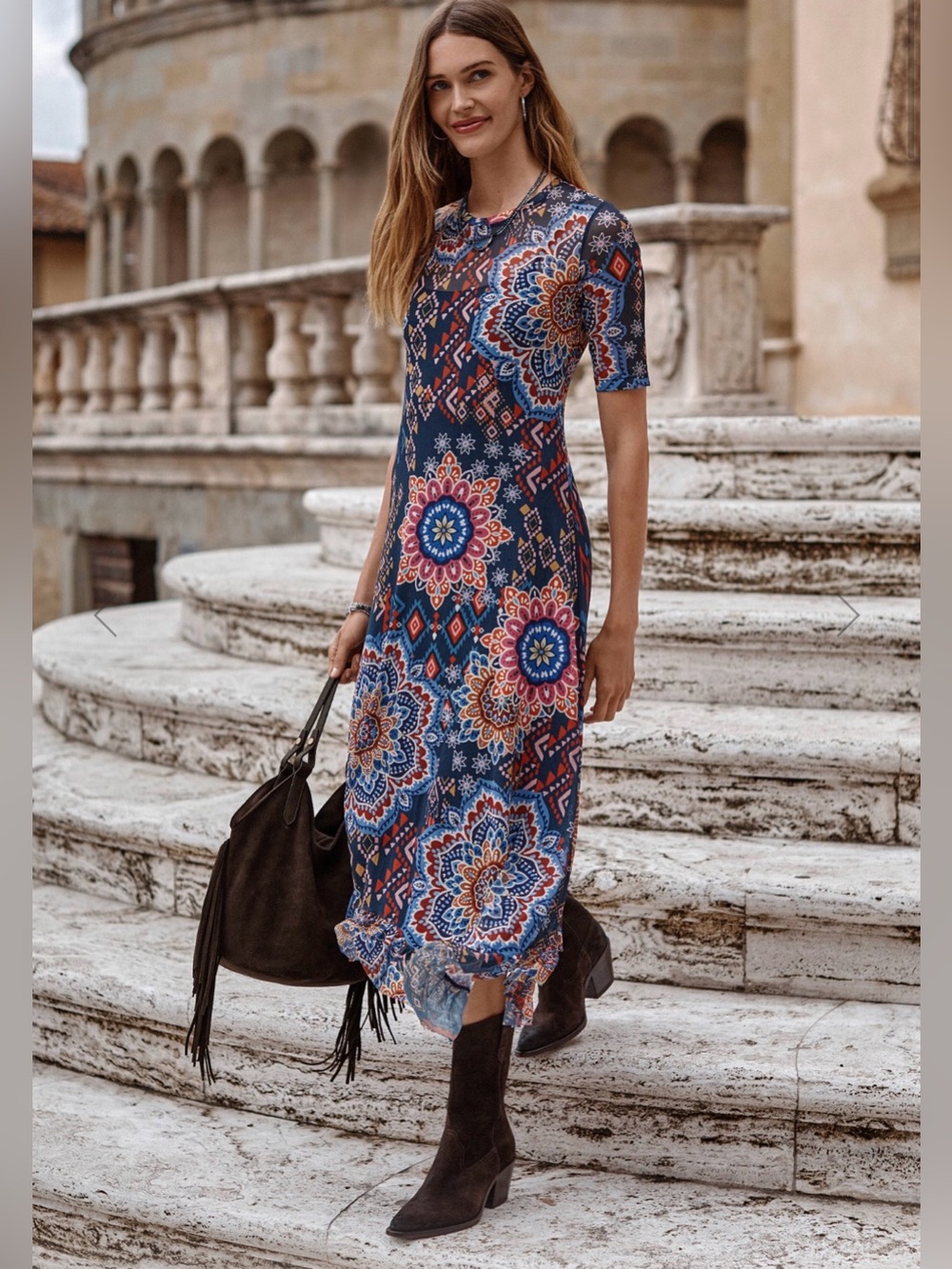 Johnny Was MESH ELBOW SLEEVE ASYMMETRIC HEM DRESS